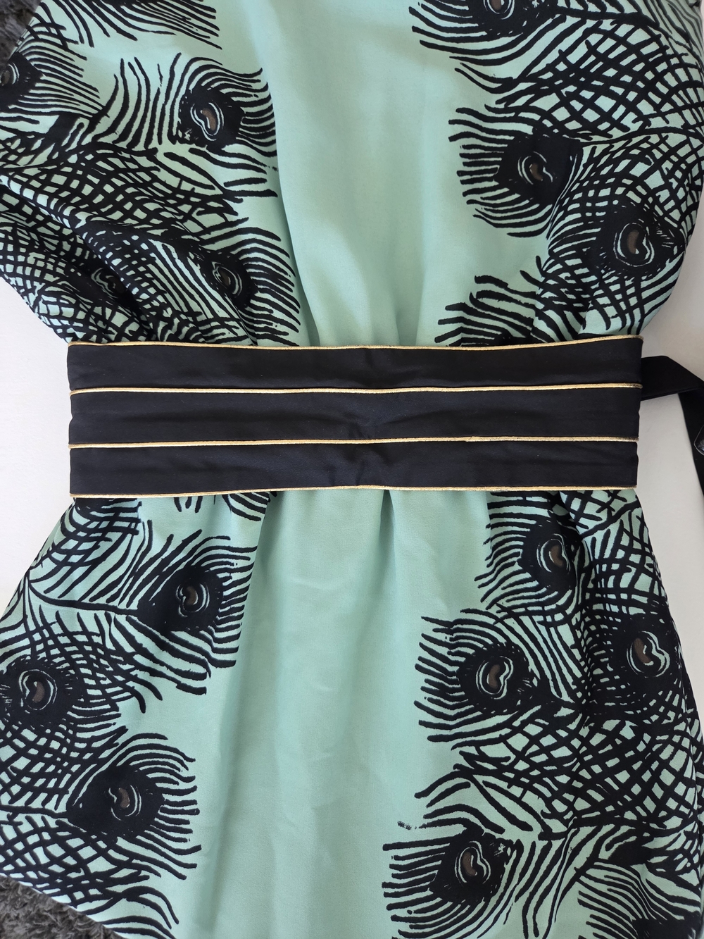 Corey Lynn Calter Anthropologie Mint Plumes Kimono Midi Dress Peacock Feather XS - Picture 9 of 10